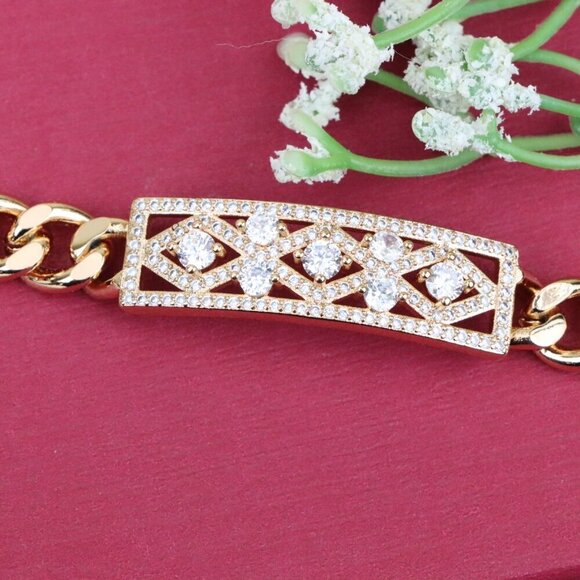 "Rose Gold Bracelet with Geometric CZ Panel and Bold Chain, XPBL0816 - Picture 11 of 12